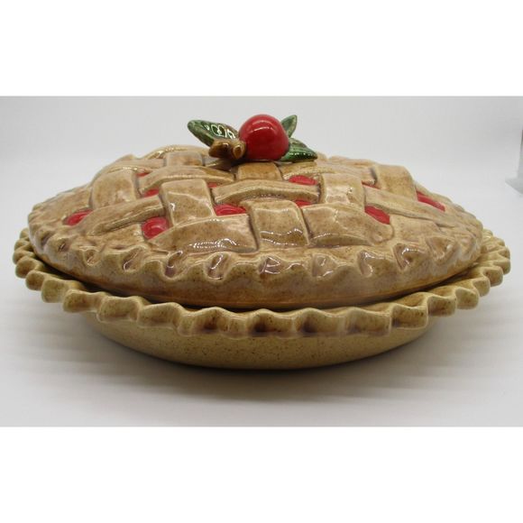 Vintage Cherry Pie Dish Lattice Cover Ceramic Kitchen Display Dessert - Picture 3 of 4